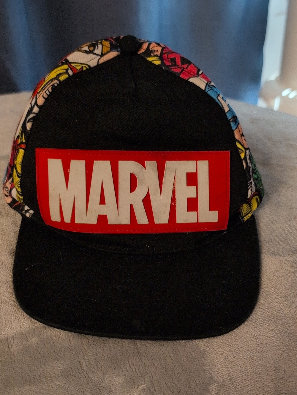 Marvel Black Snapback Cap with Red Logo and Multicolor Comic Panels